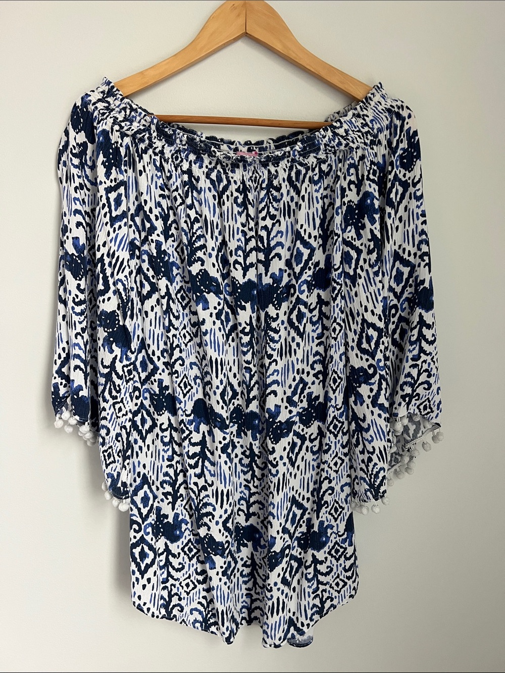 Lilly Pulitzer | Navy & White Off-Shoulder Pom Trim Tunic Coverup #25636 Size S